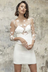 Simple Short Wedding Dress Sexy Backless Lace Applique Illusion Three Quater Sleeves Vintage Bridal Gowns Vestidos De Novia White